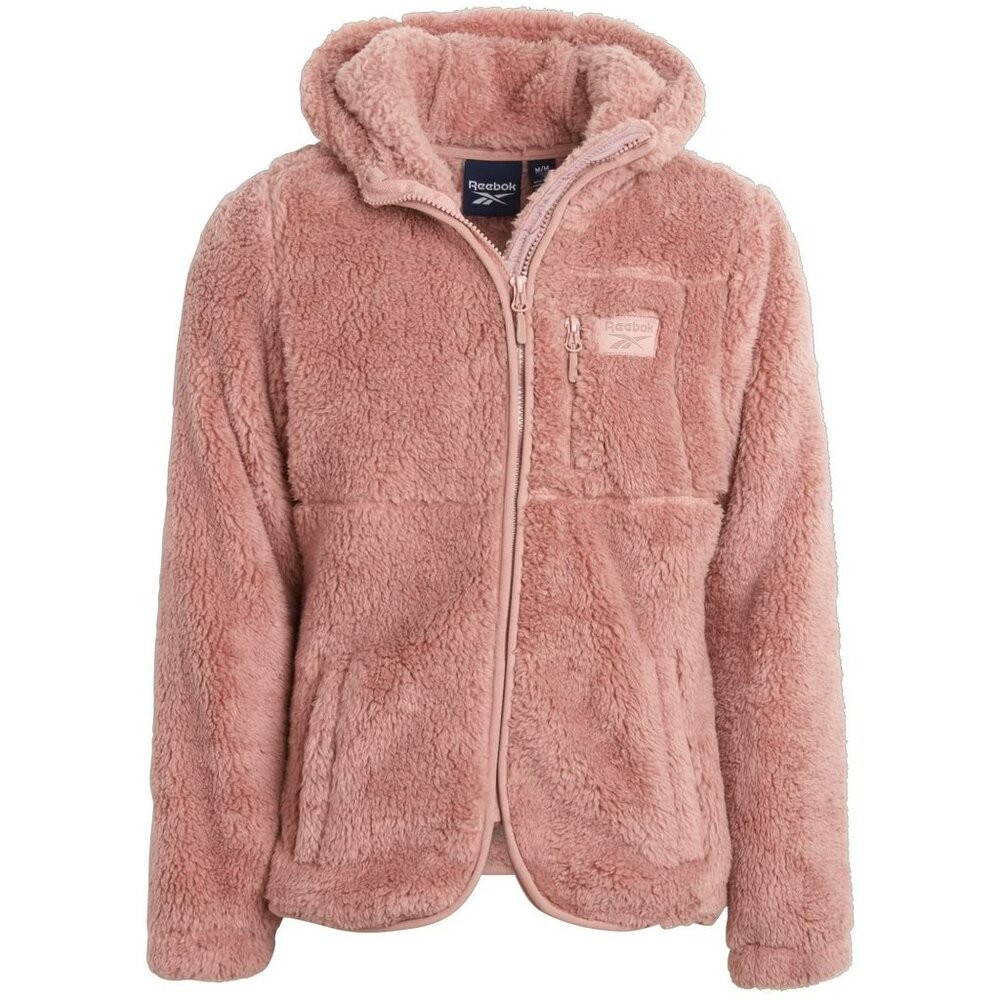 Reebok Teddy Jacket Full Zip Hoodie Faux Fur Fleece Dark Dusty Rose Sz LP NWT